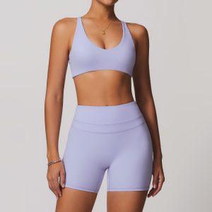 Women's Light Purple Yoga Set, High Waist Biker Shorts + Sports Bra, Seamless Buttery Soft Workout Outfit, Gym Activewear