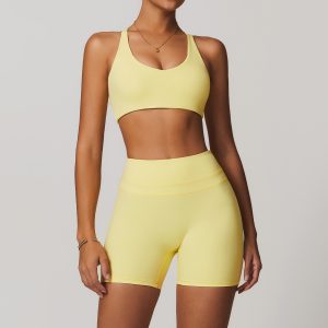 Women's Yellow Yoga Set, 2 Piece High Waist Biker Shorts Outfit, Seamless Buttery Soft Workout Clothes, Gym Running Activewear