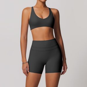 Women's Dark Grey Yoga Shorts Set, Seamless High Waist Workout Outfit, Buttery Soft Sports Bra + Biker Shorts, Gym Fitness Activewear
