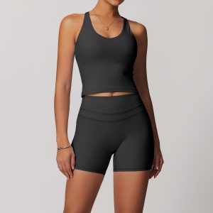 Women's Black Yoga Leggings Set, High Waist Seamless Workout Outfit, Buttery Soft Sports Bra + Full Length Leggings, Gym Fitness Activewear